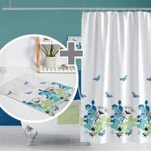 Load image into Gallery viewer, Abstract gebladerte en vlinders | Extra lang en breed stoffen badkamer douchegordijn 180x200cm met bijpassende badmat