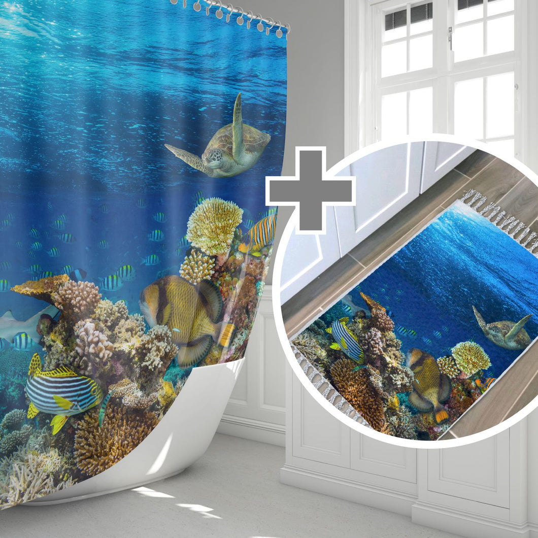 Aquarium | Extra lang en breed stoffen badkamer douchegordijn 180x200cm met bijpassende badmat