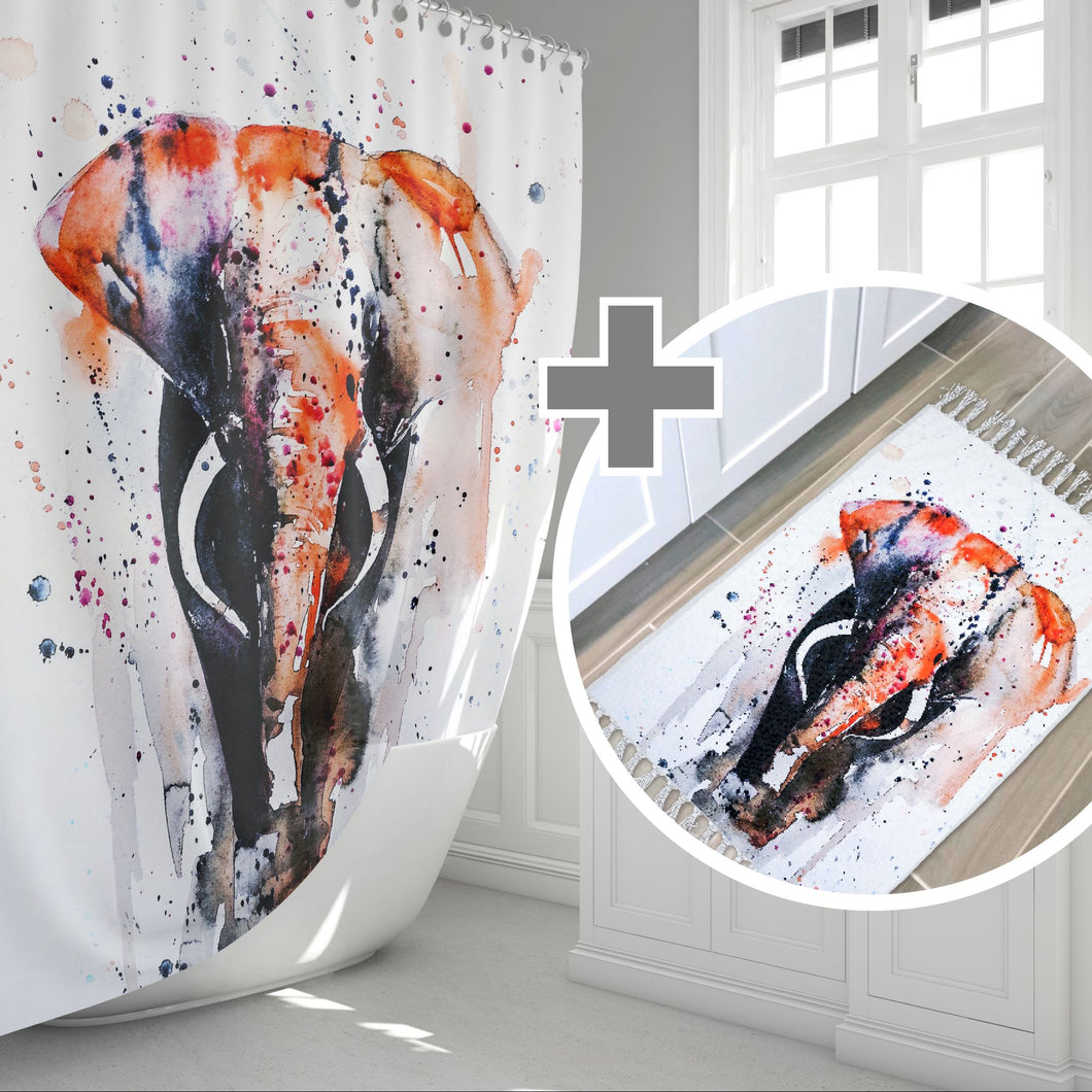 Olifant | Extra lang en breed stoffen badkamer douchegordijn 180x200cm met bijpassende badmat