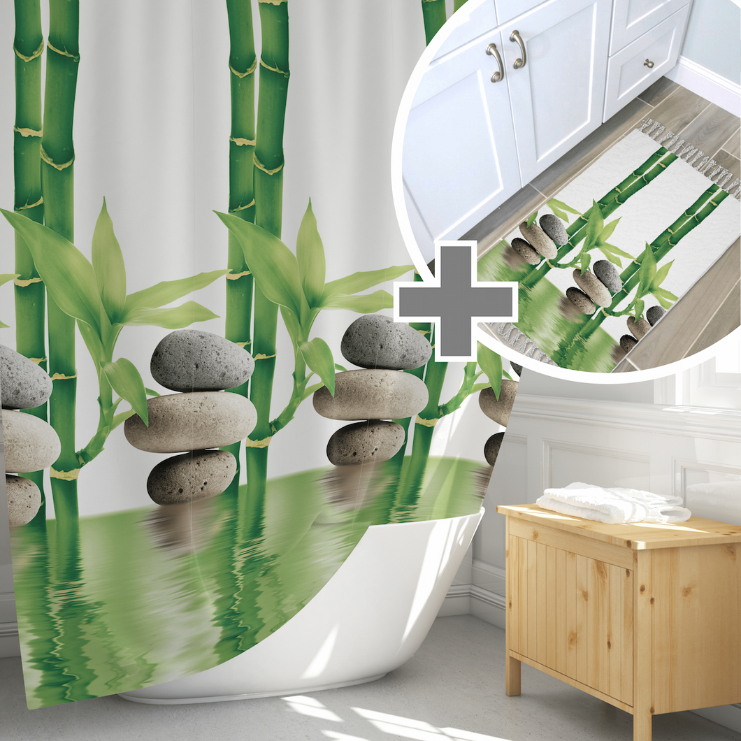 Bamboo | Extra lang en breed stoffen badkamer douchegordijn 180x200cm met bijpassende badmat