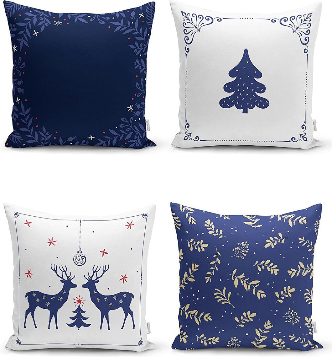 Zethome - Kussenhoes Kerstpatroon - Set 4 Pieces - Kussenhoezen - Dubbelzijdig bedrukt - Soft Touch - -Blauw - Christmas